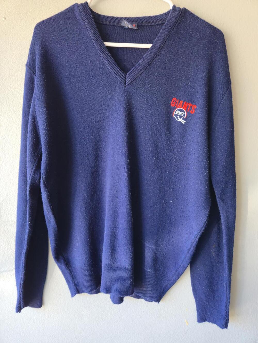 Vintage 80S NEW YORK GIANTS MADE IN USA GARAN Navy Blue V-Neck Sweater MEDIUM